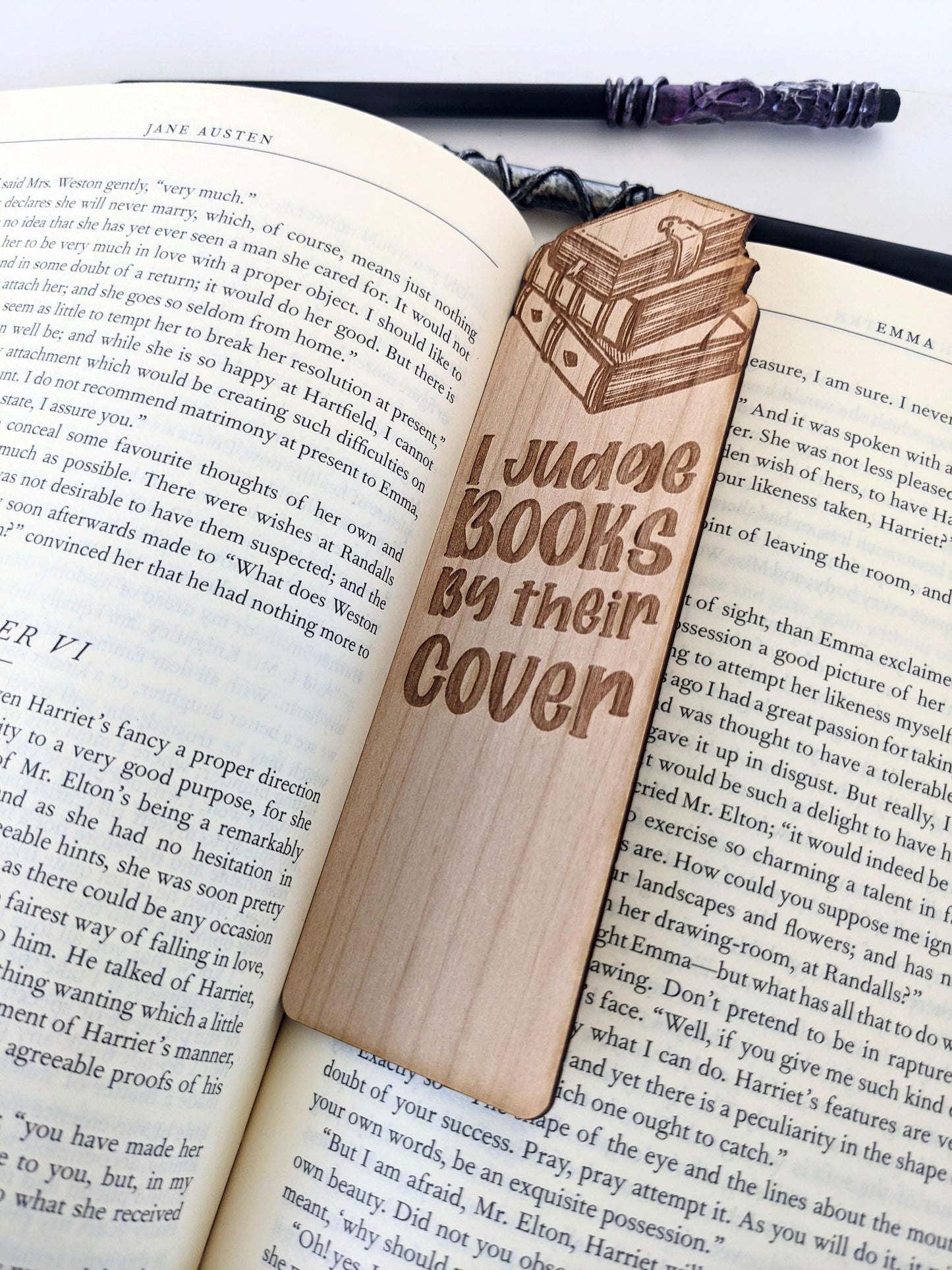 I Judge Books By Their Cover | Engraved Wooden Bookmark (T) - Emberglow Gaming