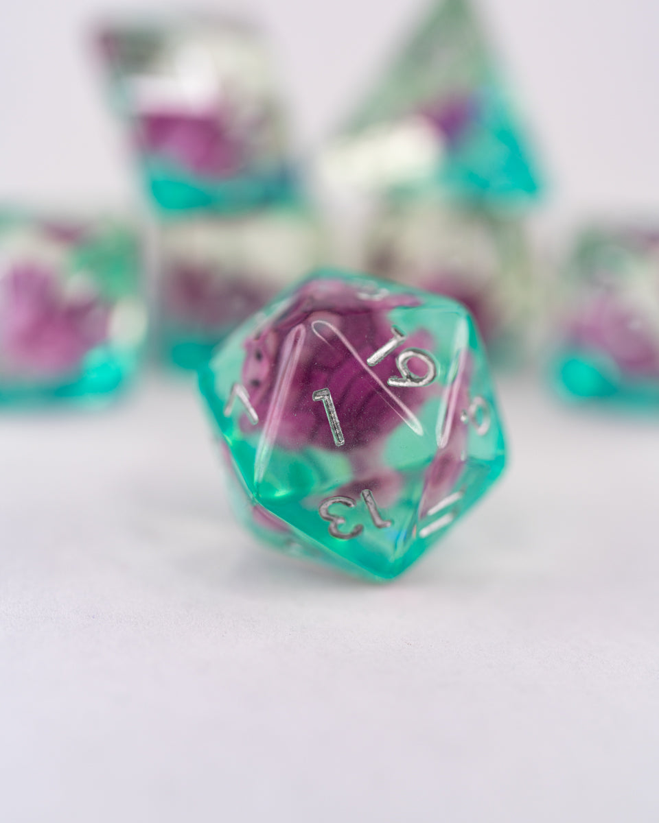 Mrs Mosey | Turtle | 7 Piece Acrylic Inclusion Dice Set - Emberglow Gaming