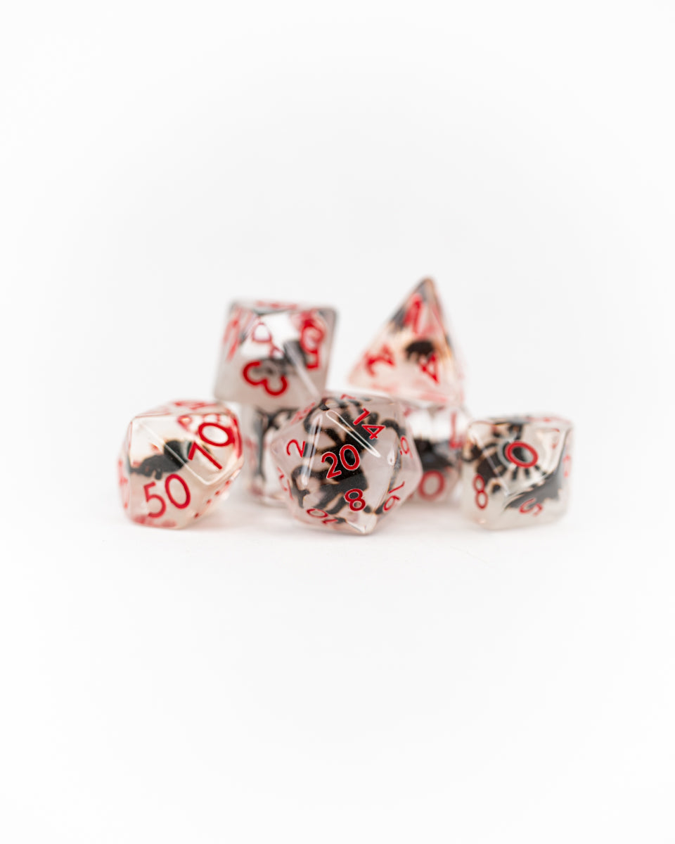 Arachnoir | Black Spider | 7 Piece Acrylic Inclusion Dice Set - Emberglow Gaming