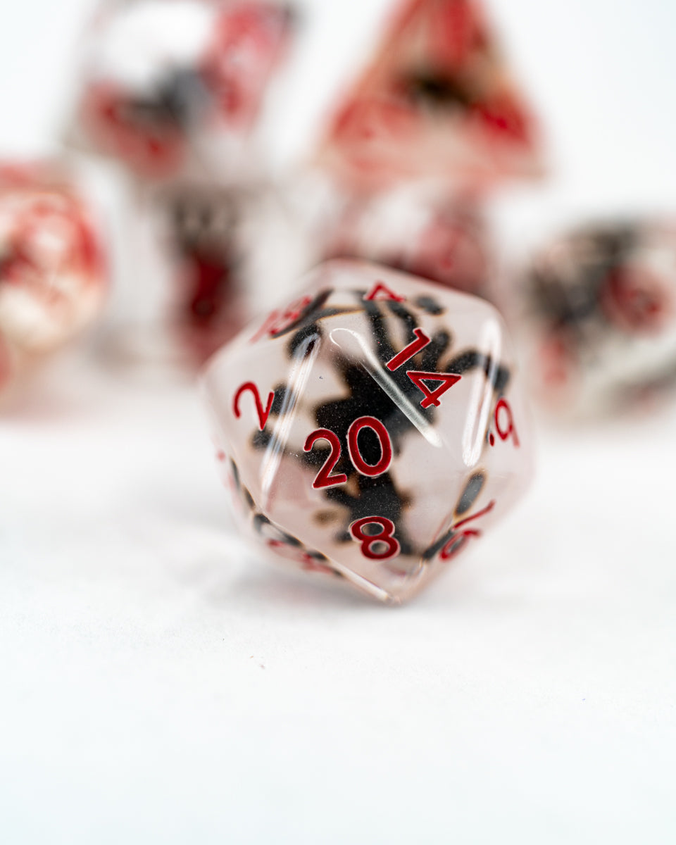 Arachnoir | Black Spider | 7 Piece Acrylic Inclusion Dice Set - Emberglow Gaming