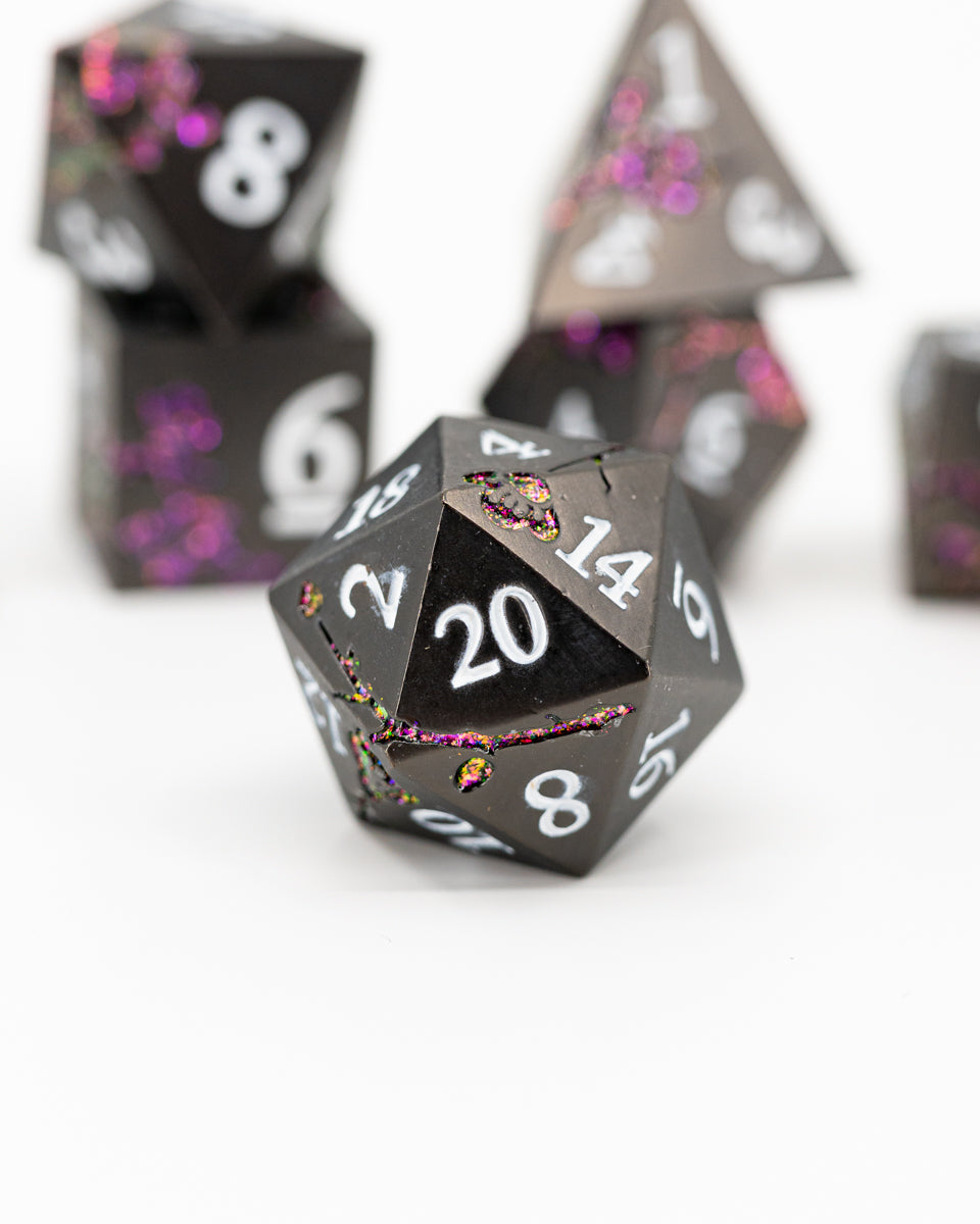 Black Baccara | 7 Piece Metal Dice Set - Emberglow Gaming