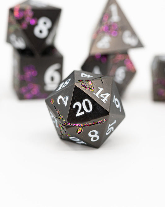 Black Baccara | 7 Piece Metal Dice Set - Emberglow Gaming