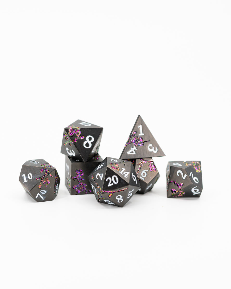 Black Baccara | 7 Piece Metal Dice Set - Emberglow Gaming