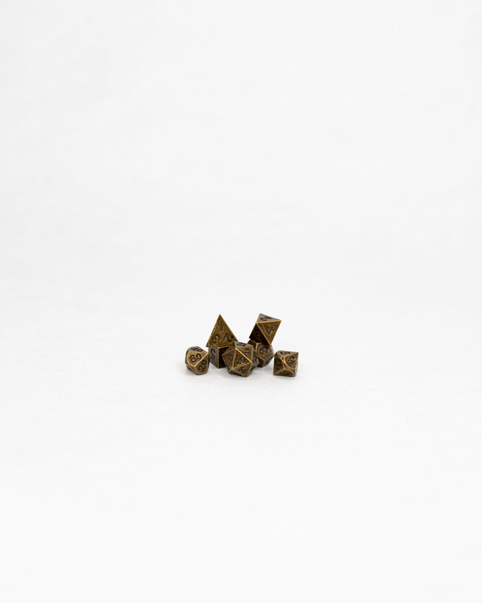 Jackrock | Brass | 7 Piece Micro Mini Metal Dice Set - Emberglow Gaming