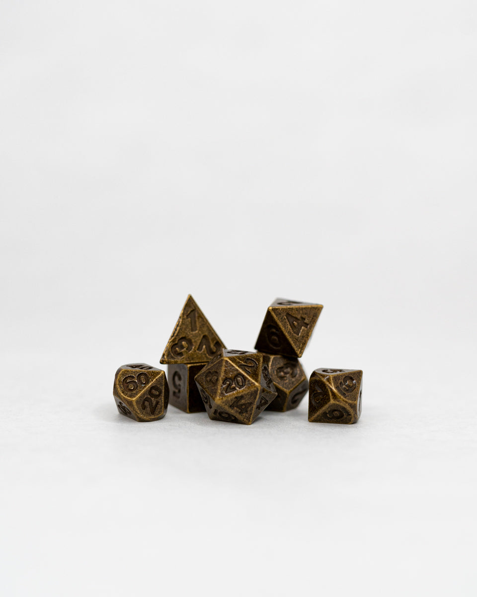 Jackrock | Brass | 7 Piece Micro Mini Metal Dice Set - Emberglow Gaming