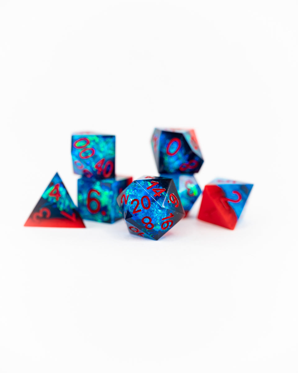 Ice and Fire | 7 Piece Sharp Edge Resin Dice Set - Emberglow Gaming
