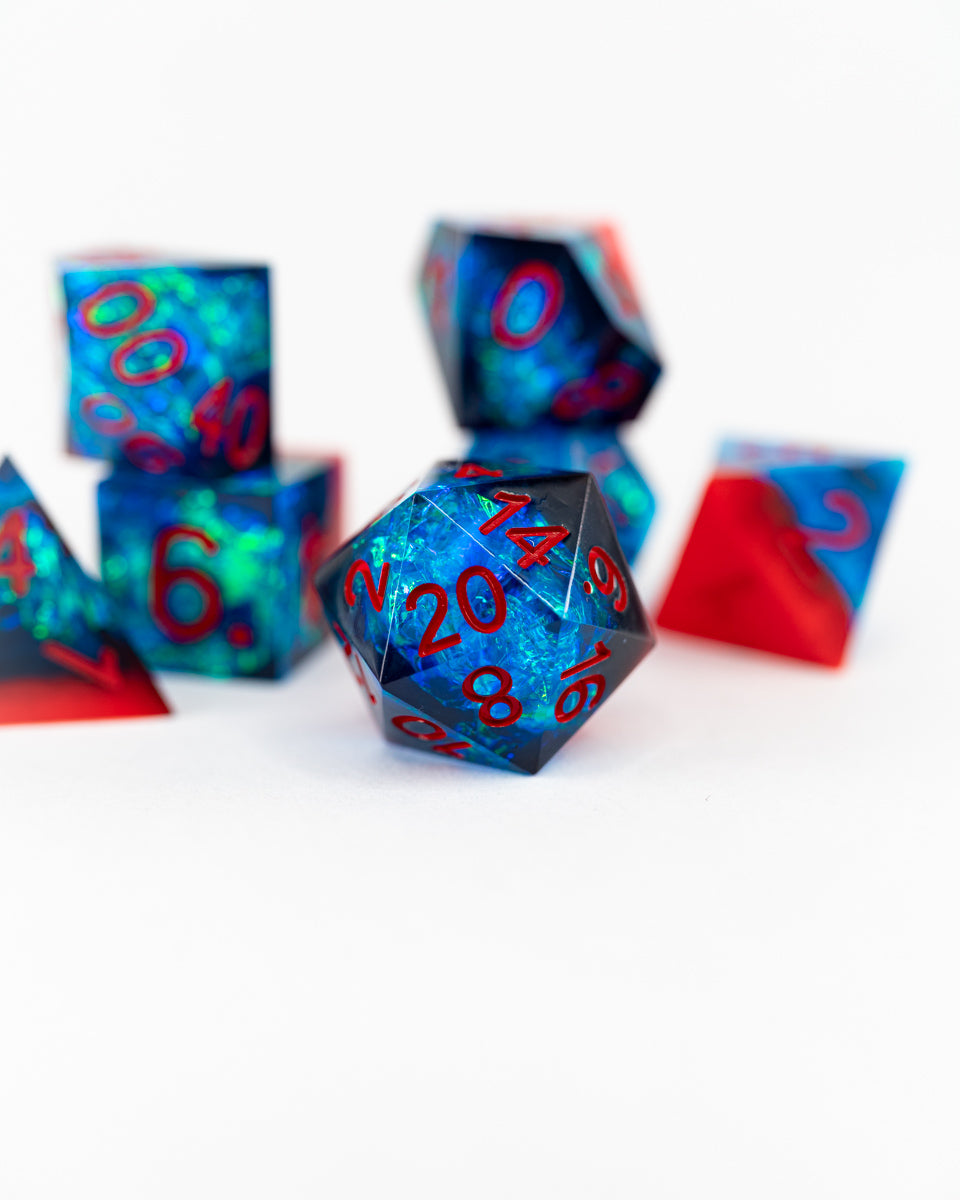Ice and Fire | 7 Piece Sharp Edge Resin Dice Set - Emberglow Gaming