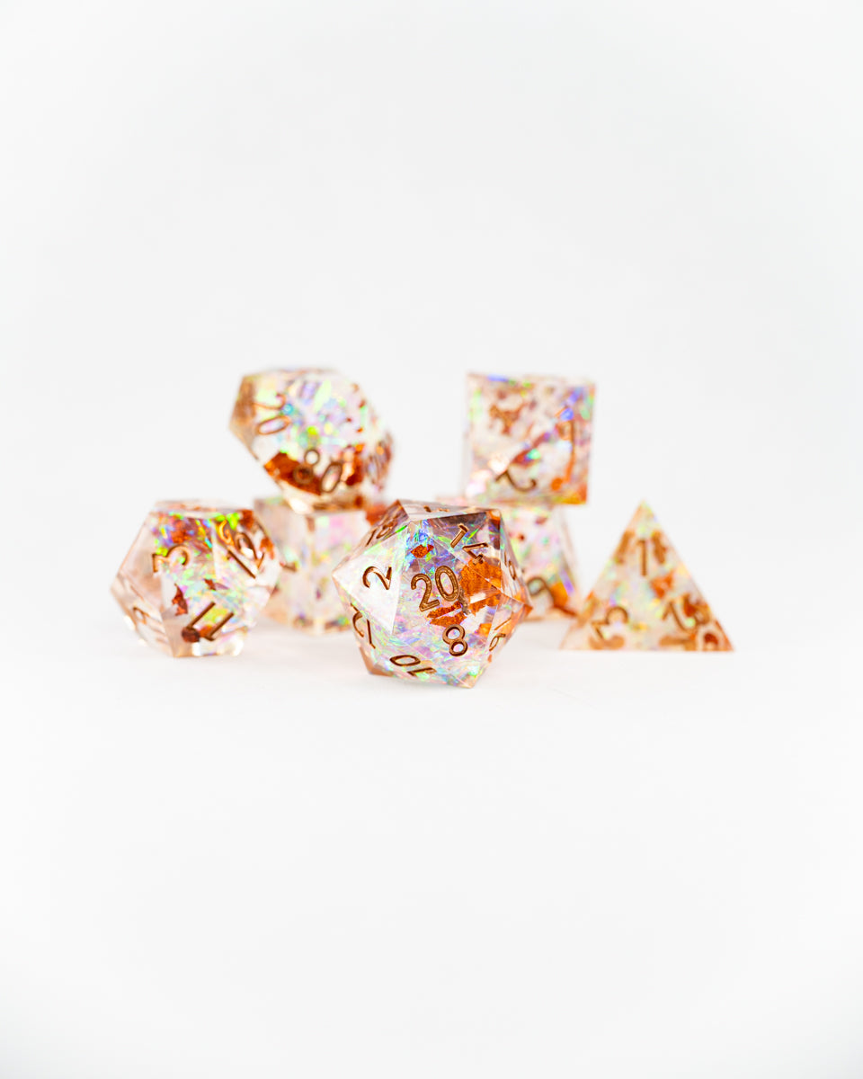 Faith's Farthing | 7 Piece Sharp Edge Resin Dice Set - Emberglow Gaming