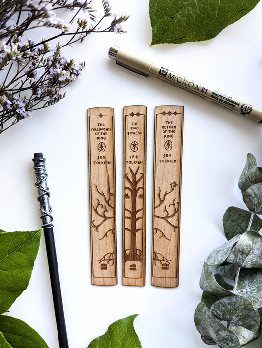 LotR Book Spine Trio | Tolkien | Engraved Wooden Bookmark (T) - Emberglow Gaming