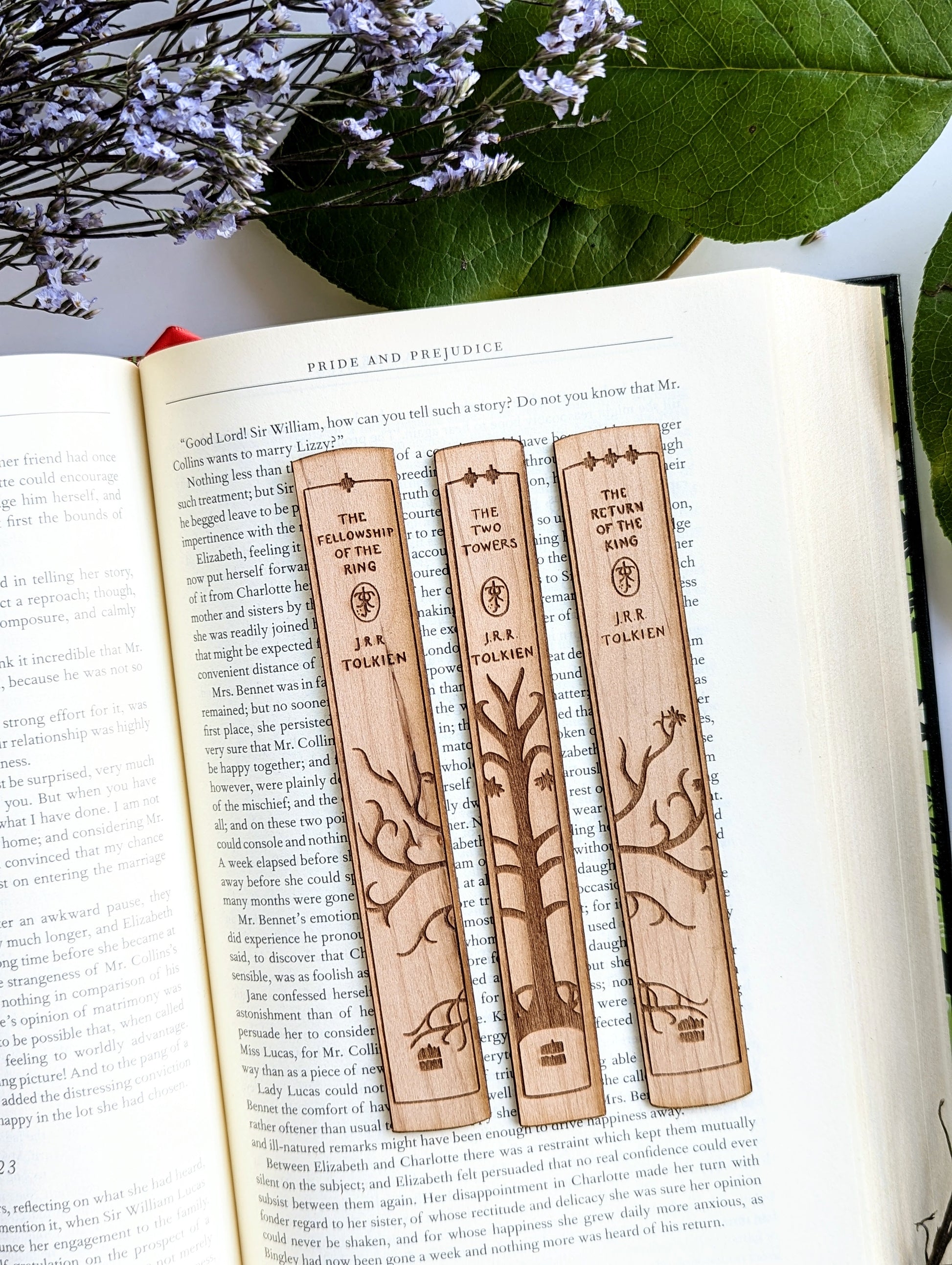 LotR Book Spine Trio | Tolkien | Engraved Wooden Bookmark (T) - Emberglow Gaming