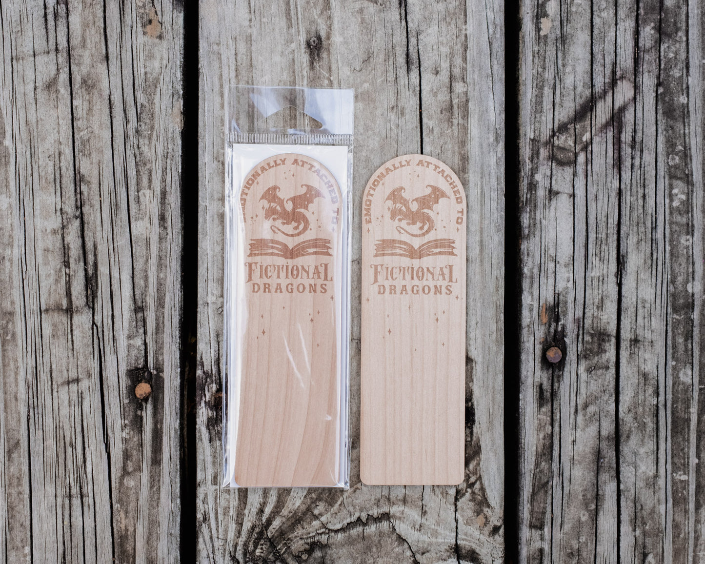 Emotionally Attached to Fictional Dragons | Engraved Wooden Bookmark