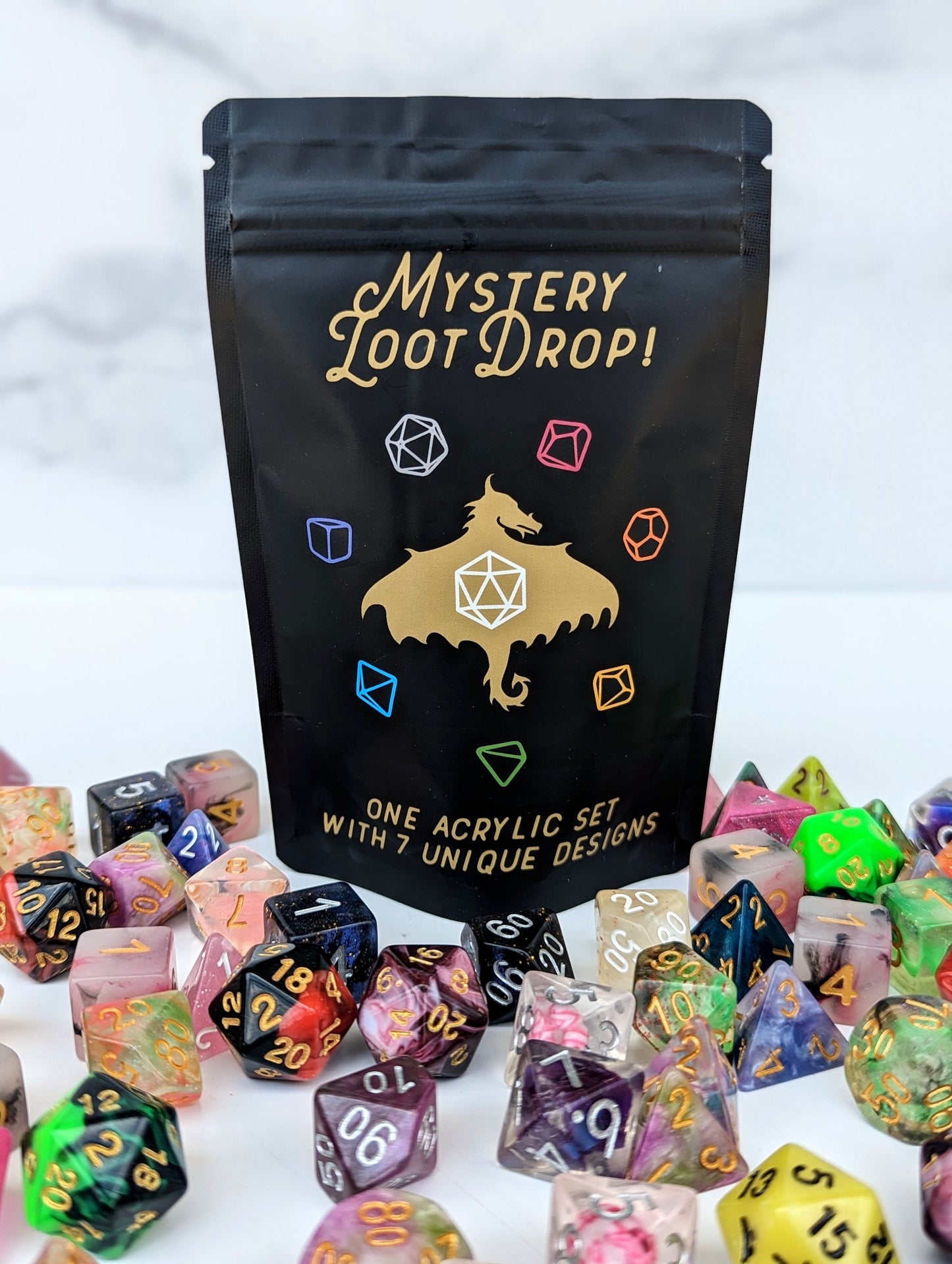 UNIQUE ACRYLIC | Each Dice With A Unique Design | Mystery Loot Drop | CASE OF 12 | Pre-hung on display strips - Emberglow Gaming