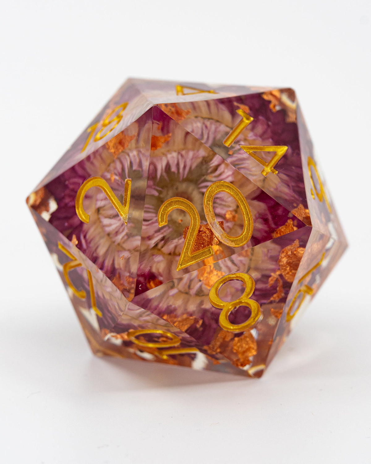 Chrysanthian Core | Chrysanthemum Inclusion | 50MM Sharp Edge D20 - Emberglow Gaming
