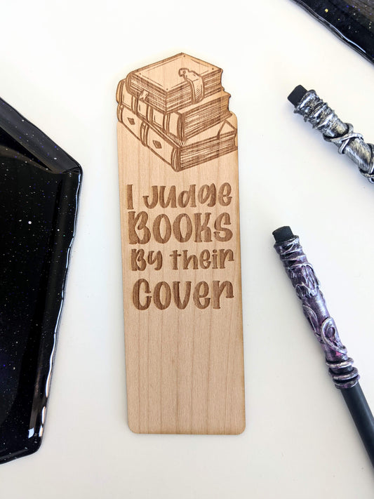 I Judge Books By Their Cover | Engraved Wooden Bookmark (T) - Emberglow Gaming