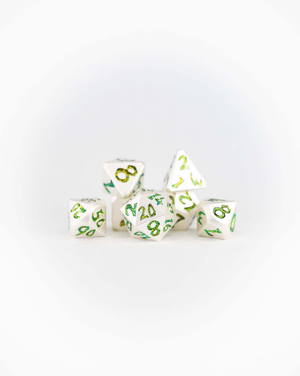 Snake in Silver | Large Font | 7 Piece Metal Dice Set - Emberglow Gaming
