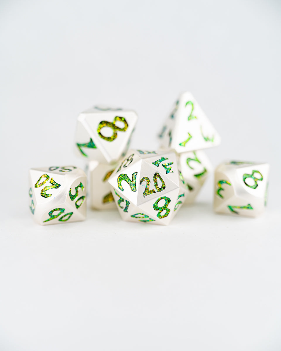 Snake in Silver | Large Font | 7 Piece Metal Dice Set - Emberglow Gaming