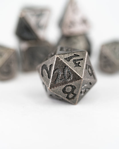 Rivet and Rock | Large Font | 7 Piece Metal Dice Set - Emberglow Gaming