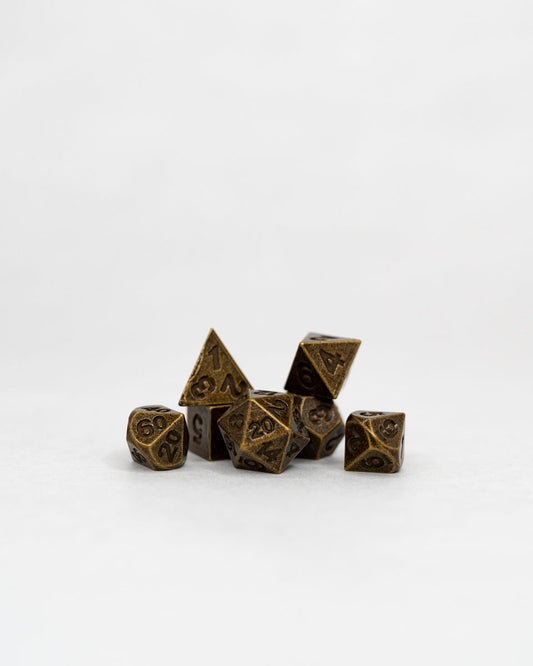 Jackrock | Brass | 7 Piece Micro Mini Metal Dice Set - Emberglow Gaming
