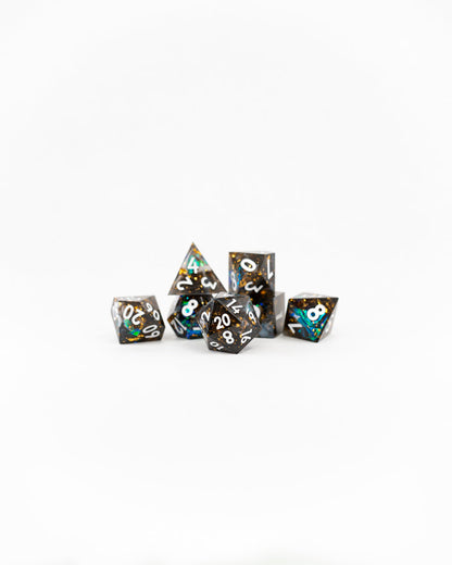 Pieces of Eight | 7 Piece Sharp Edge Resin Dice Set - Emberglow Gaming