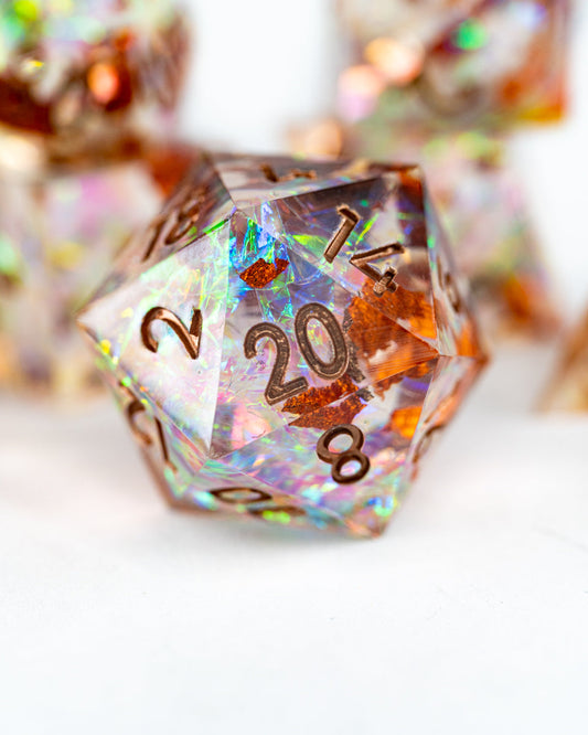 Faith's Farthing | 7 Piece Sharp Edge Resin Dice Set - Emberglow Gaming