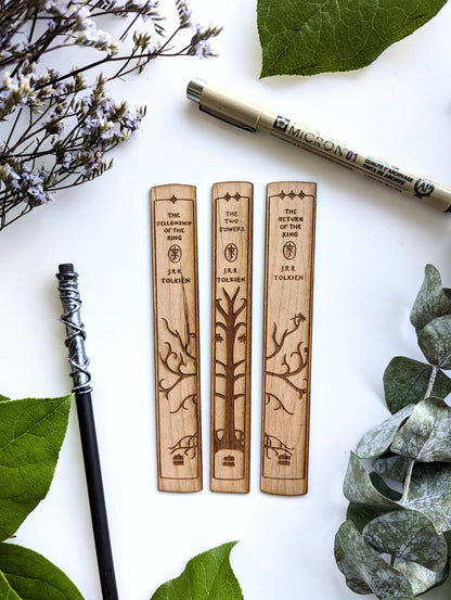 LotR Book Spine Trio | Tolkien | Engraved Wooden Bookmark (T) - Emberglow Gaming