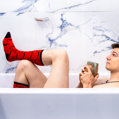 JzW Mustachio'd Foot Adorners! | Knee-high Socks | Red with Black Mustache