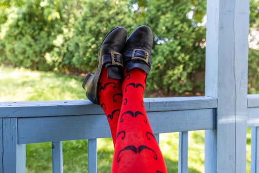 JzW Mustachio'd Foot Adorners! | Knee-high Socks | Red with Black Mustache