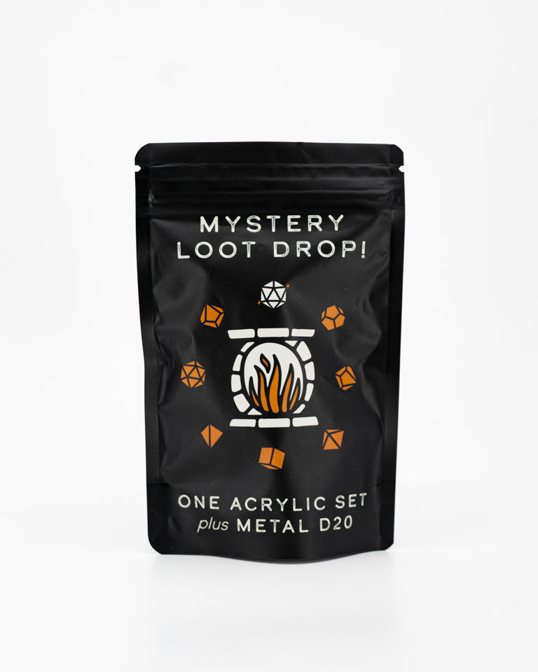 Acrylic Set + Metal D20 | Mystery Loot Drop | CASE OF12 | Pre-hung on display strips - Emberglow Gaming