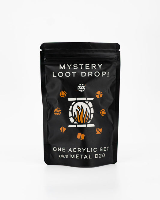 Acrylic Set + Metal D20 | Mystery Loot Drop | CASE OF12 | Pre-hung on display strips - Emberglow Gaming
