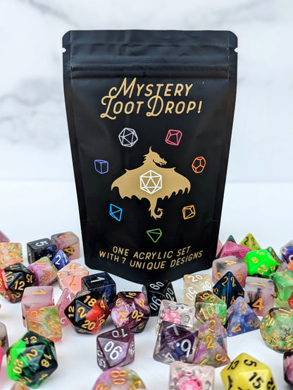 UNIQUE ACRYLIC | Each Dice With A Unique Design | Mystery Loot Drop | CASE OF 12 | Pre-hung on display strips - Emberglow Gaming